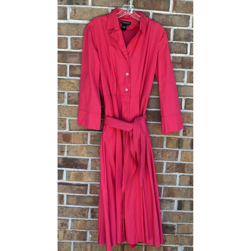 The J. Peterman Company Dress Womens 14 Pink Belted Button Shirt Midi 3/4 Sleeve